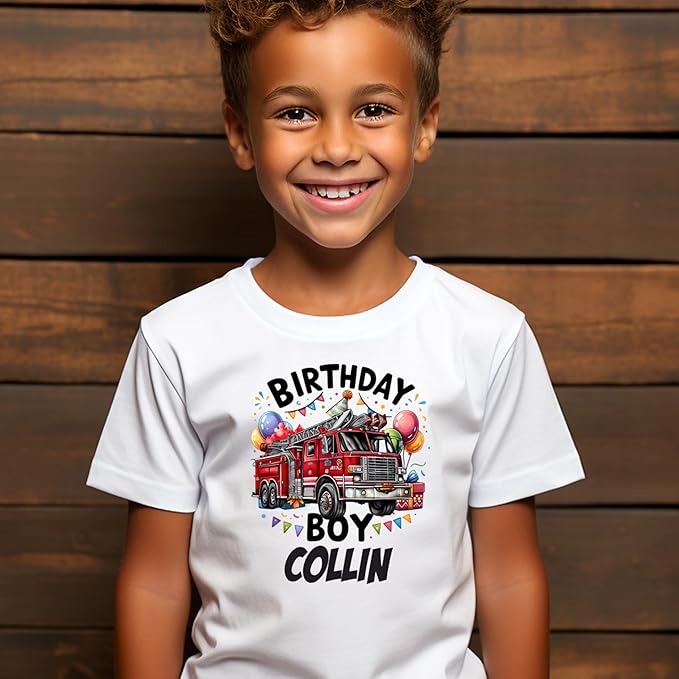 Custom Fire Truck Birthday Shirts for Toddler Boys Birthday Party Personalized with Name