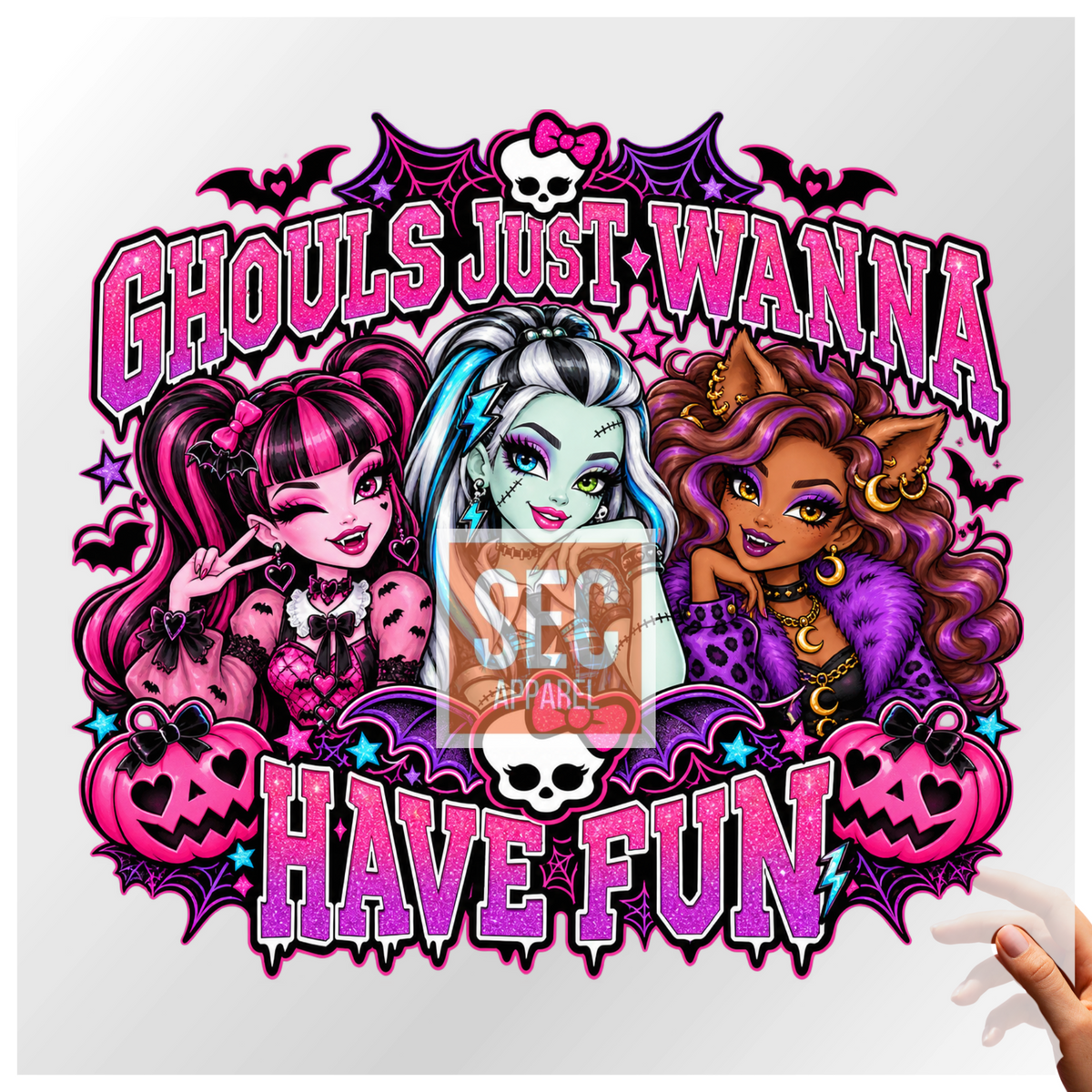 Monster High, Halloween DTF, DTF transfer, Halloween iron on, ready to press, Ghouls Just Wanna Have Fun, Draculaura, Frankie Stein, Clawdeen Wolf, spooky transfer, sweatshirt transfer, Halloween crafts