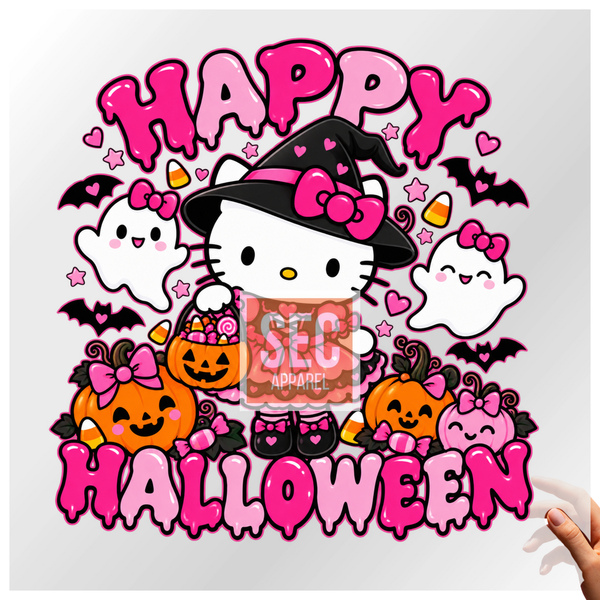 Hello Kitty, Halloween DTF, Halloween Transfer, DTF Transfer, Ready to Press, Pink Halloween, Cute Halloween, Witch Design, Ghost Design, Pumpkin Transfer, Sweatshirt Transfer, SEC Apparel
