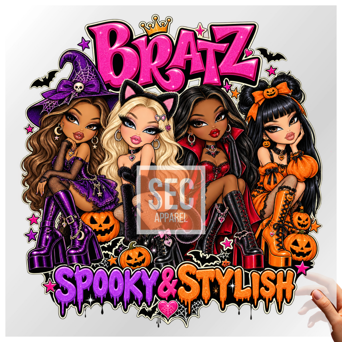 Bratz Halloween, Halloween DTF, DTF transfer, ready to press, Spooky and Stylish, Halloween iron on, fashion doll design, Halloween shirt transfer, pumpkin design, SEC Apparel