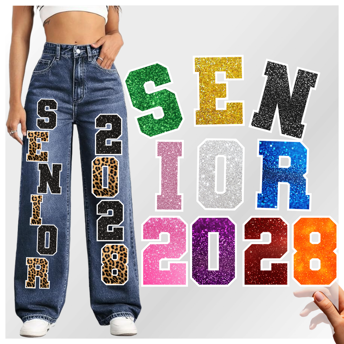 senior jeans, senior 2027, senior 2028, senior 2029, senior dtf transfer, leopard print, pink glitter effect, coquette bow, graduation transfer, ready to press, senior letters, class of 2027, senior girl, SEC Apparel