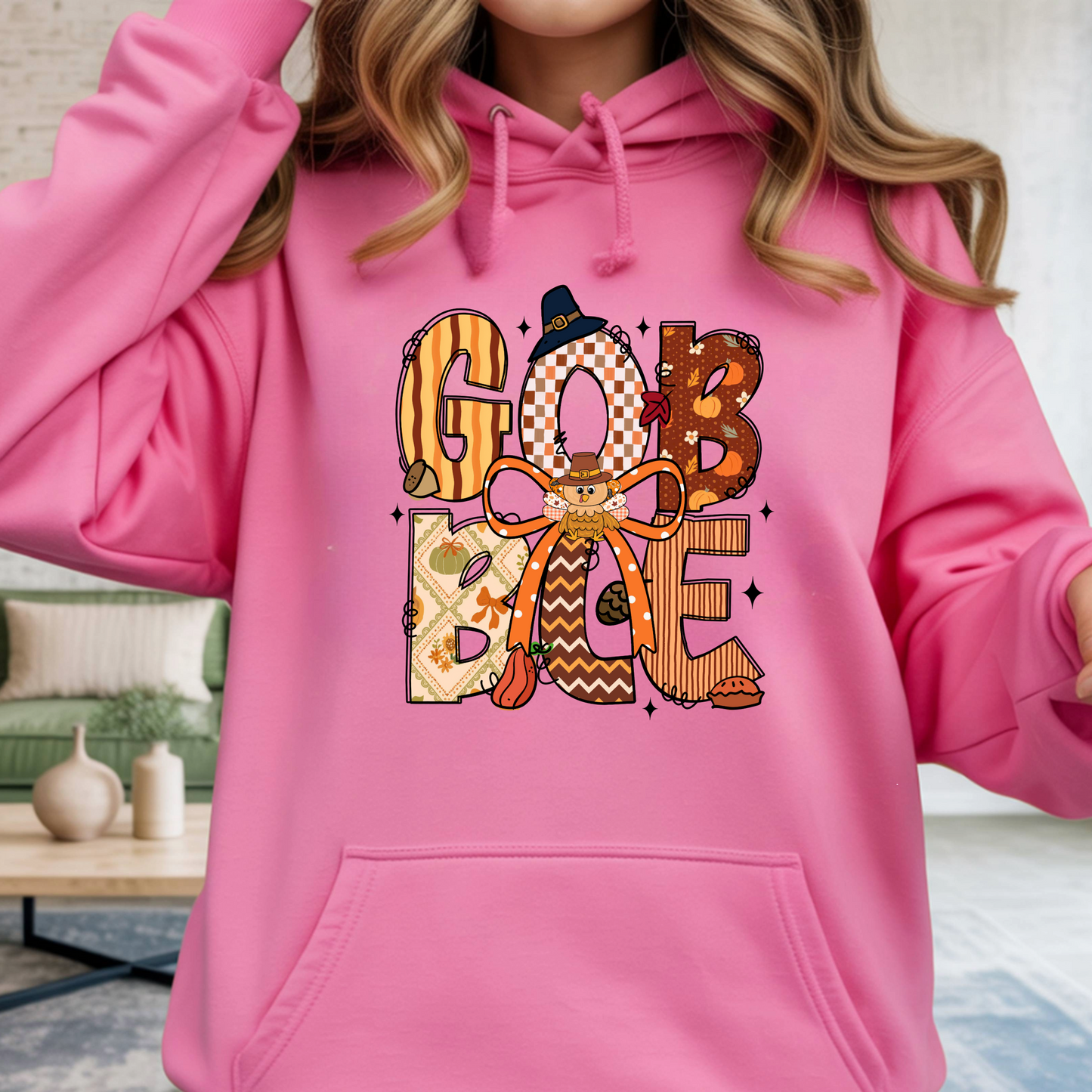 Thanksgiving Hoodie - Gobble  Turkey Graphic Pullover - Unisex Fall Holiday Sweatshirt