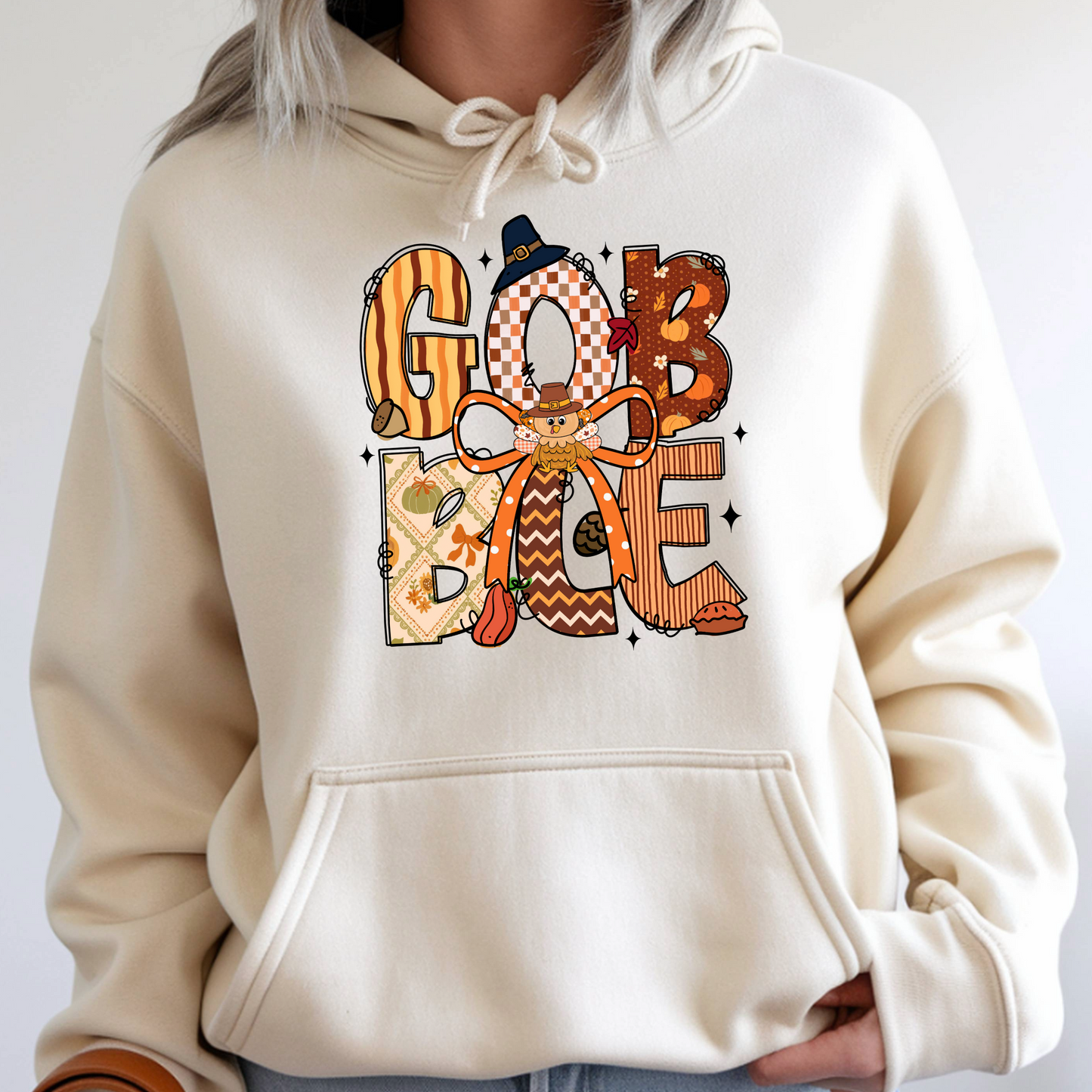 Thanksgiving Hoodie - Gobble  Turkey Graphic Pullover - Unisex Fall Holiday Sweatshirt