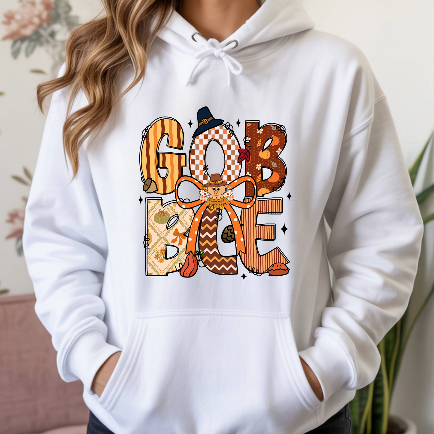 Thanksgiving Hoodie - Gobble  Turkey Graphic Pullover - Unisex Fall Holiday Sweatshirt