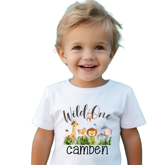 Wild One Shirt 1st Birthday Safari Animal Party Custom Personalized with Name White