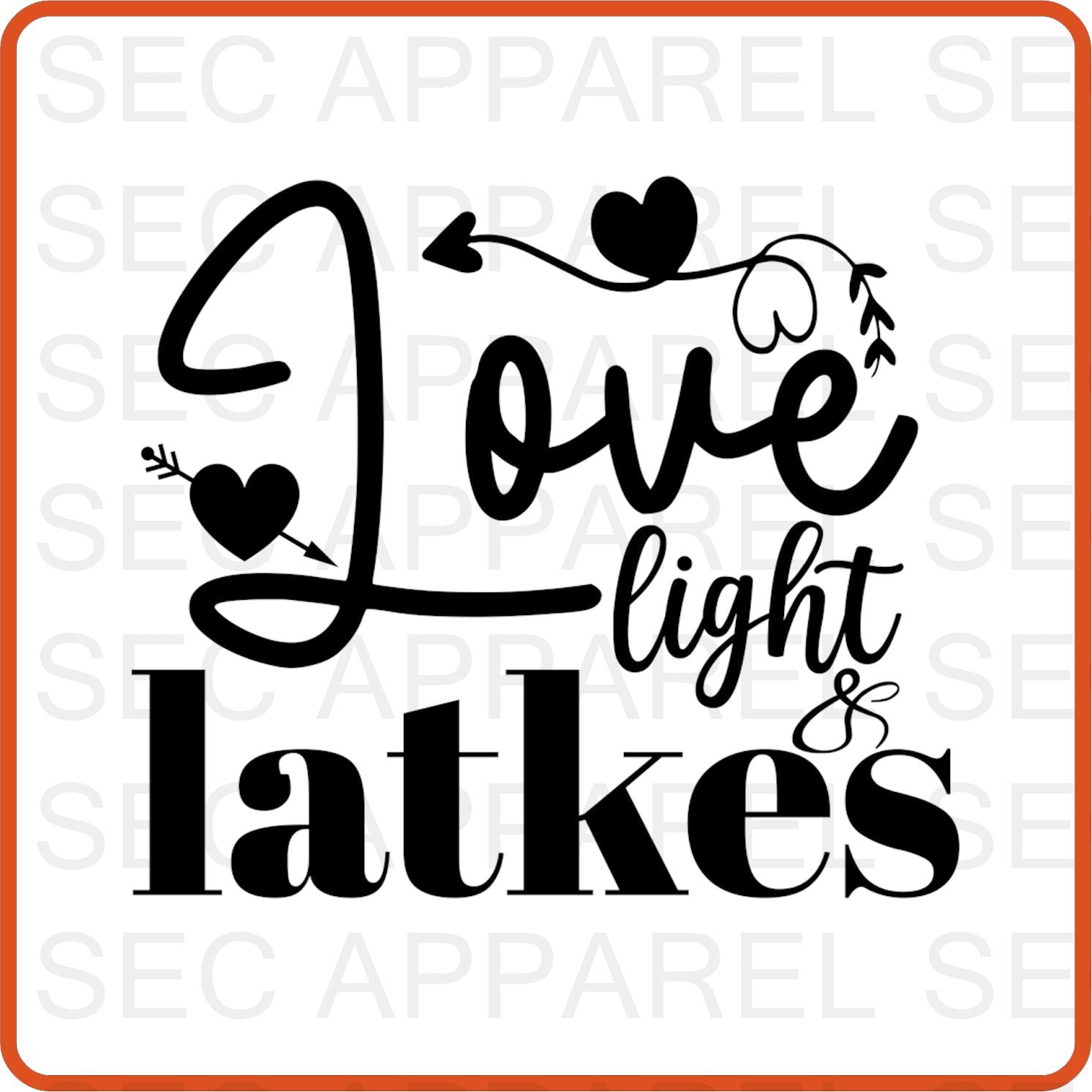 Hanukkah Iron On Decals Patches for shirts, clothing |SEC Apparel | Love Light Latkes - secapparelonline