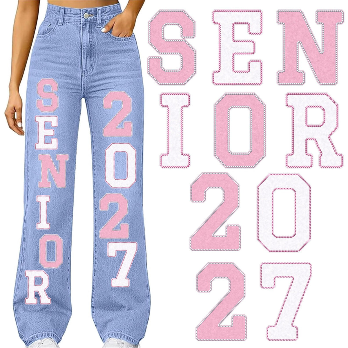 Light blue denim jeans with large pink and white 'SENIOR 2027' lettering on the legs, shown on a model with matching flat graphics of the letter patches on the right.