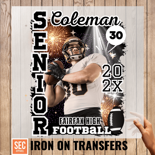 Personalized Senior Year Football Iron On Transfer - Custom Photo, Name & Number - secapparelonline