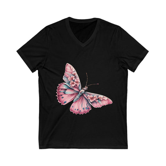 Pink Butterfly Short Sleeve V - Neck Tee - secapparelonline