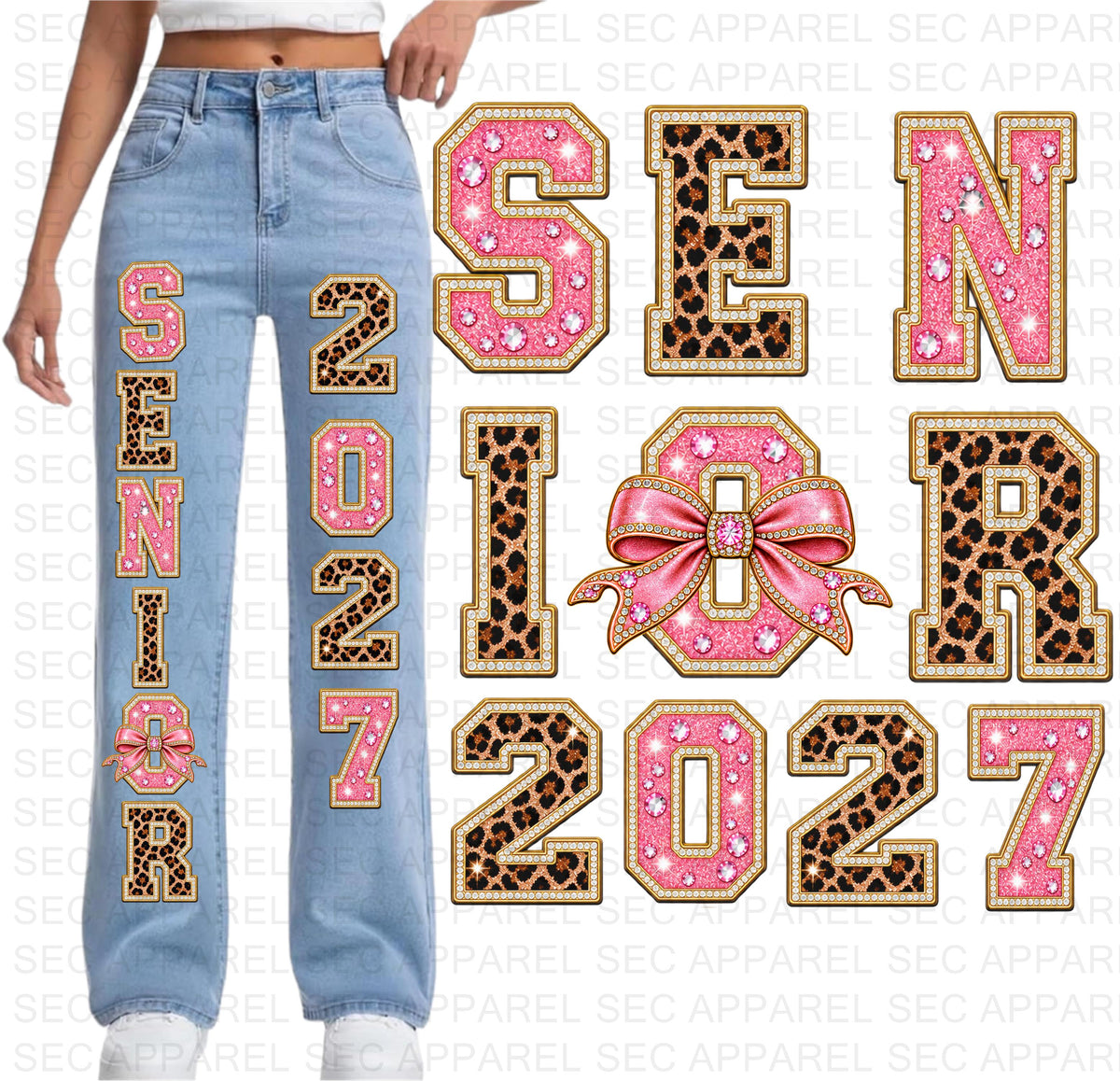 Senior 2028 Iron-On Transfer – Pink Leopard & Bow DTF Set