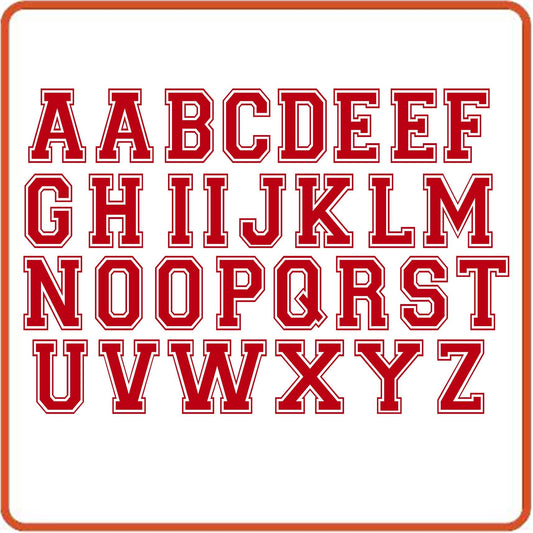 SEC Apparel Varsity Iron On Letters, 2 Inch - Black, Blue, Gray, White, Green, Orange, Pink, Gold, Red, Yellow, Silver, Glitter Gold, Glitter Red - secapparelonline