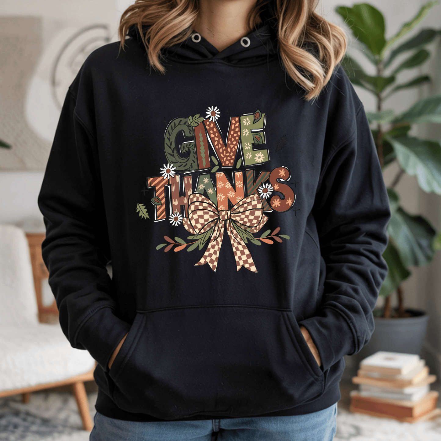 Thanksgiving Hoodie - Give Thanks Turkey Graphic Pullover - Unisex Fall Holiday Sweatshirt - secapparelonline